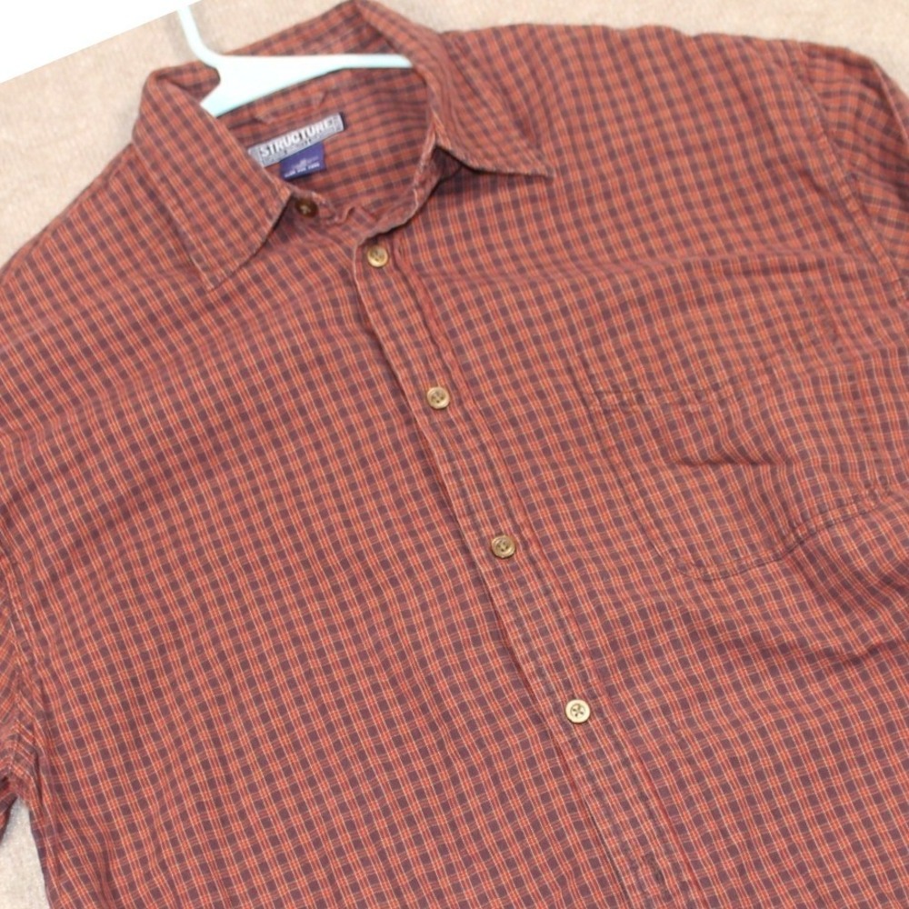 Structure Mens Plaid Button Down Shirt Red Orange Cotton Long Sleeve Size M